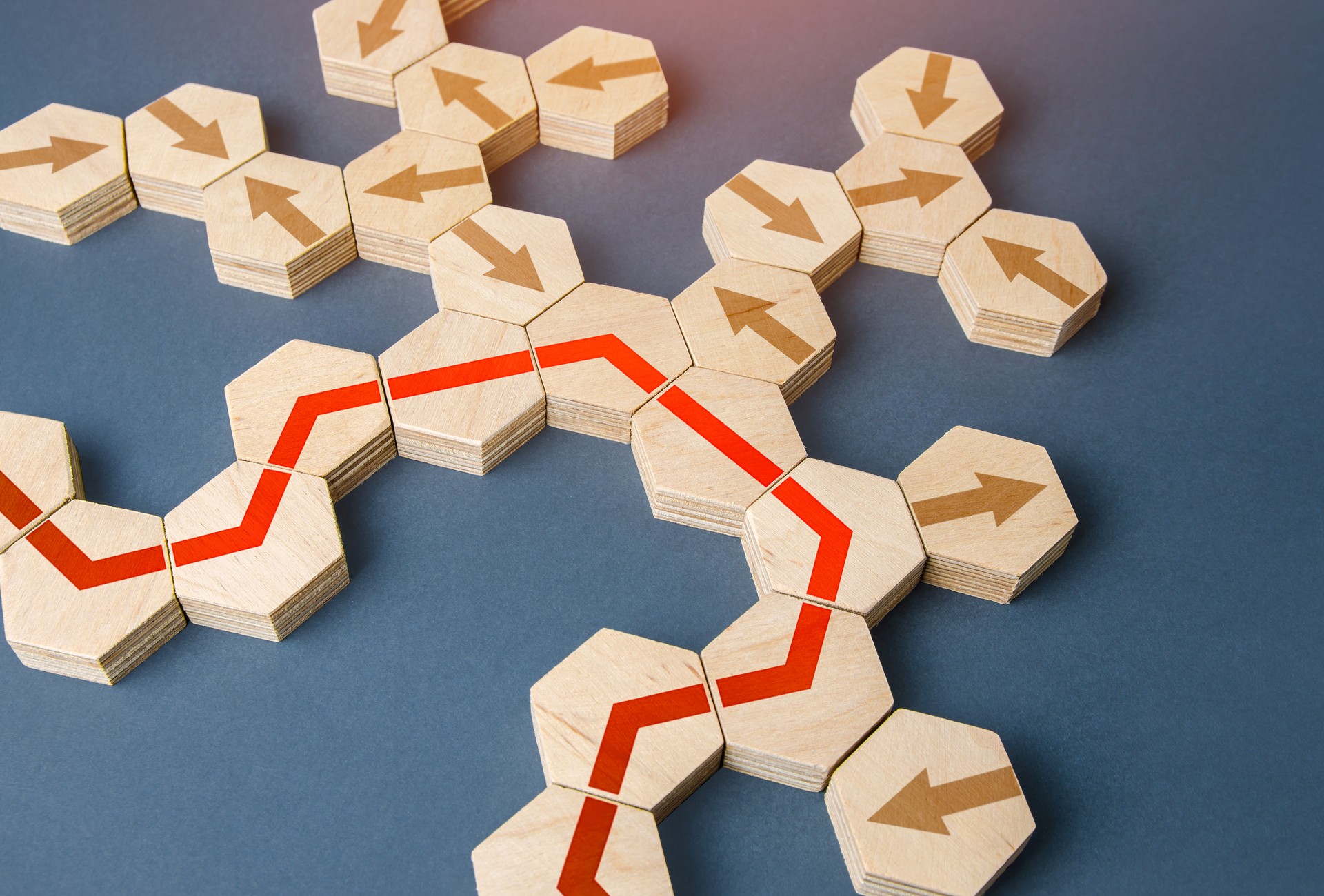 Die rote Linie wird aus möglichen Optionen der Wege gebaut. Geschäftsentwicklung, Förderung und Fortschritt. Strategische Planung, Risikomanagement. Analytik und Prozessoptimierung. Geringere Kosten, höhere Effizienz.
